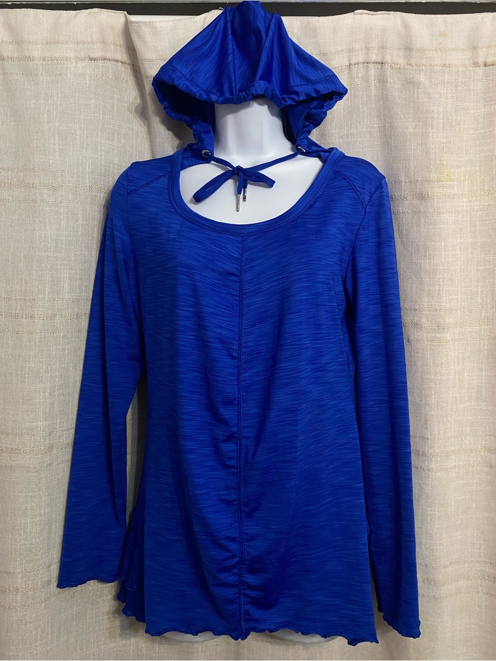 Calvin Klein Performance Blue Space Dye Cutout Hooded Top Ruffle Hem Womens M